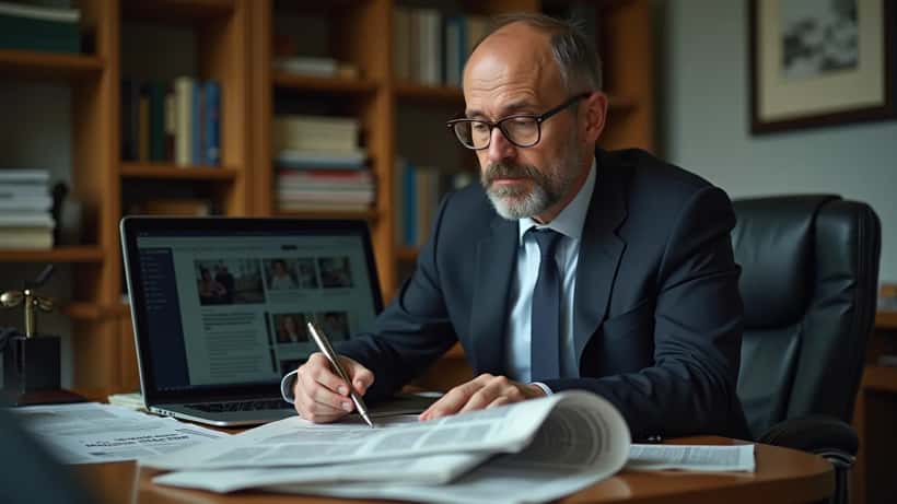 Anwalt prüft Gerichtsdokumente und Zeitungsartikel in einem Berliner Büro — Medienrecht und Persönlichkeitsrechte im digitalen Zeitalter