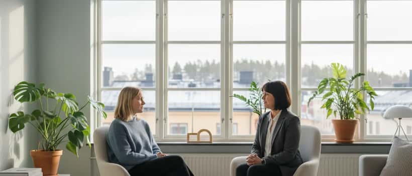 Svensk kvinna i psykologsamtal i modernt Stockholmskontor, varmt nordiskt ljus