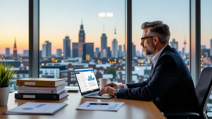 IT-consultant analyseert EU AI Act compliance document op laptop in Amsterdam kantoor
