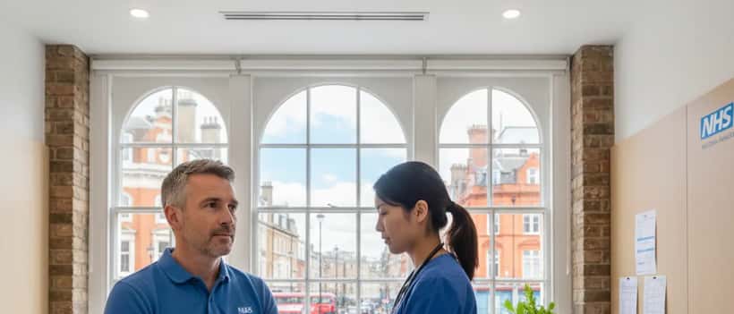 British man in his late 40s having a health check with a doctor in a modern NHS clinic