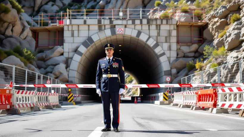 Ingresso della galleria Monte Piazzo sulla SS36 con nastro di sequestro giudiziario e barriere da cantiere