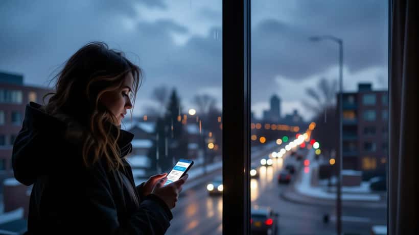 Femme inquiète à Ottawa regardant un faux message d'alerte météo sur son téléphone pendant un orage