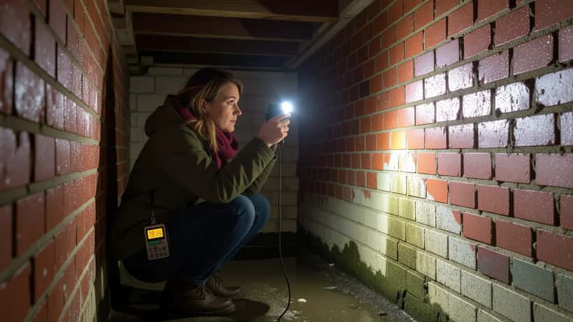 Vrouw onderzoekt schimmel op vochtige muur na zware regenbuien in Nederlandse woning augustus 2026