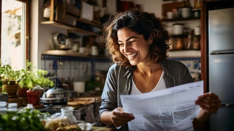 Mulher portuguesa a analisar a fatura do gás na cozinha