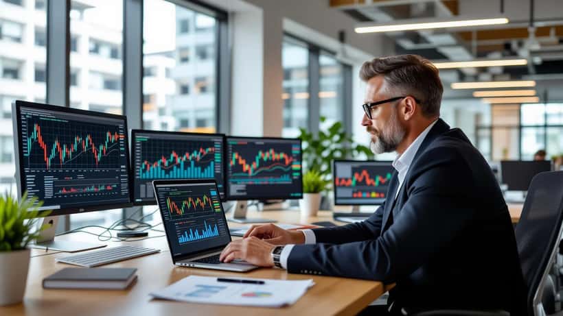 Australian professional reviewing economic job market data and superannuation documents in a modern Sydney CBD office