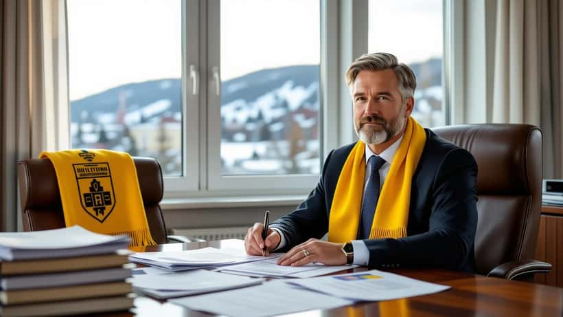 Norsk advokat gjennomgår arvedokumenter med LSK-fotballskjerf i bakgrunnen