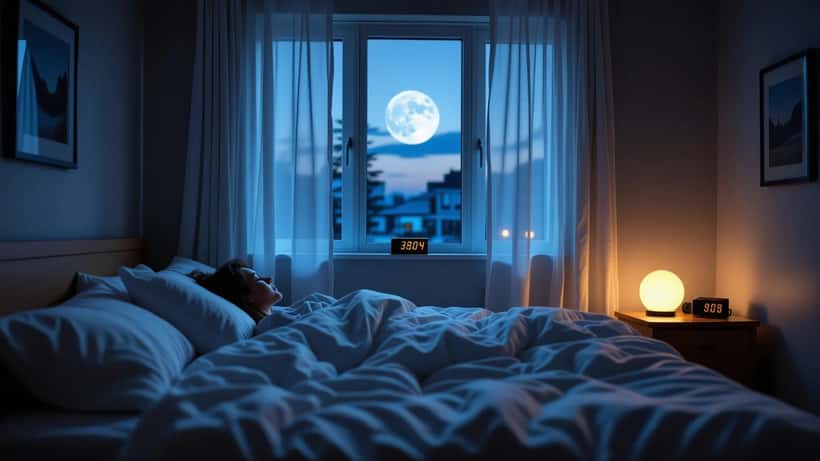 Personne éveillée dans un appartement canadien la nuit avec la pleine lune visible à travers les rideaux