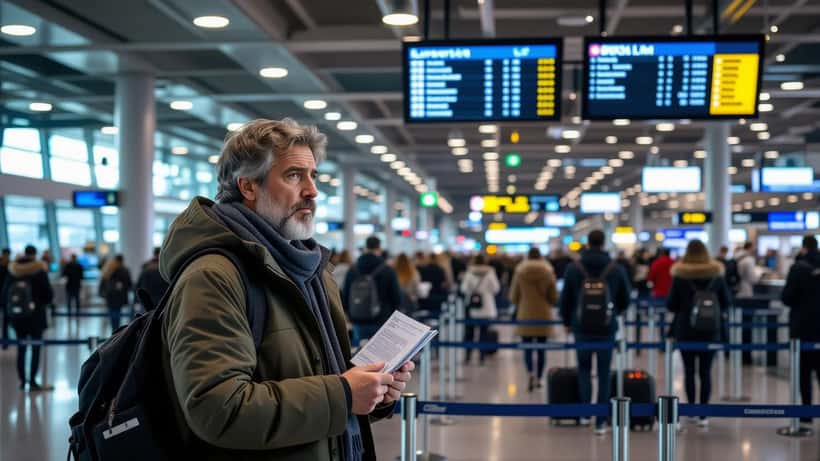 Tifoso italiano con maglia degli Azzurri all'aeroporto, passaporto in mano, partenza per Minsk tramite scalo