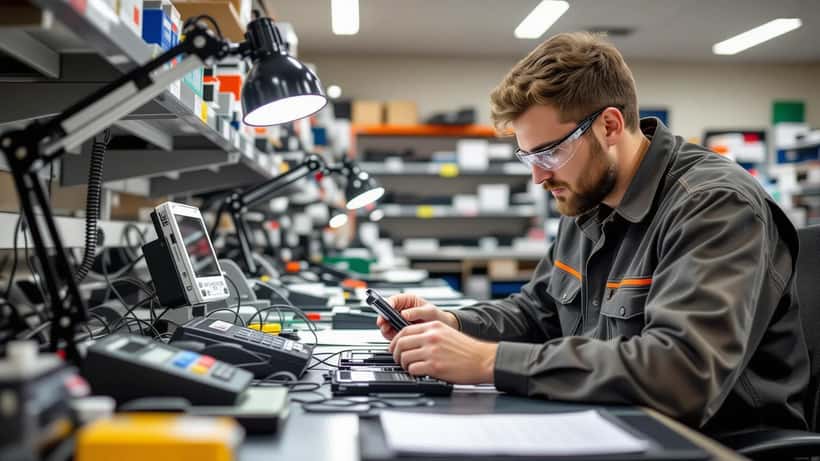 Electronics technician examining a flagship smartphone and replacement battery in a UK phone repair shop