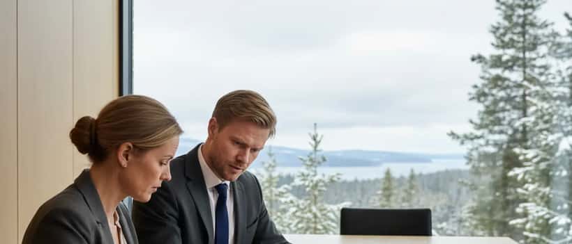 Norsk advokat gjennomgår juridiske dokumenter med klient i møterom