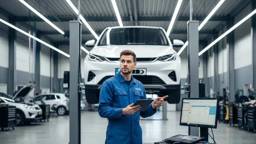 Dansk mekaniker inspicerer en BYD elbil på et værksted i København i 2026