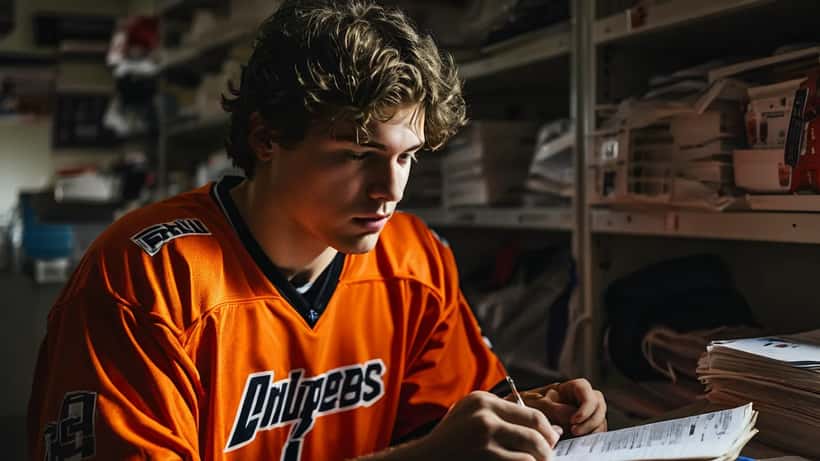 Joven jugador de hockey en vestuario revisando apuntes con equipo deportivo al fondo