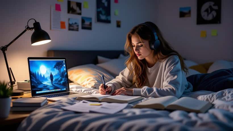 Student writing an AP English essay at night with laptop paused on fantasy TV show, notebook and sticky-note textbook on desk