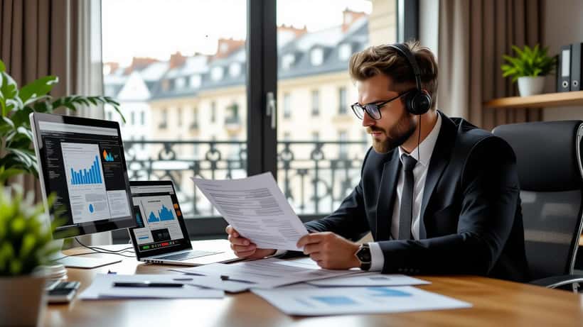 Avocat examinant un contrat de production audiovisuelle avec des documents sur un bureau parisien