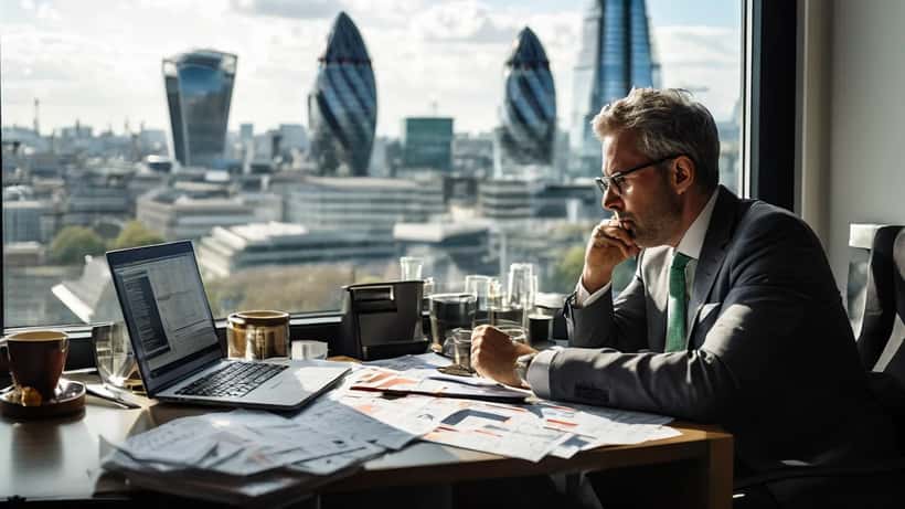 British wealth manager reviewing Nikkei 225 record high stock charts in a London financial office
