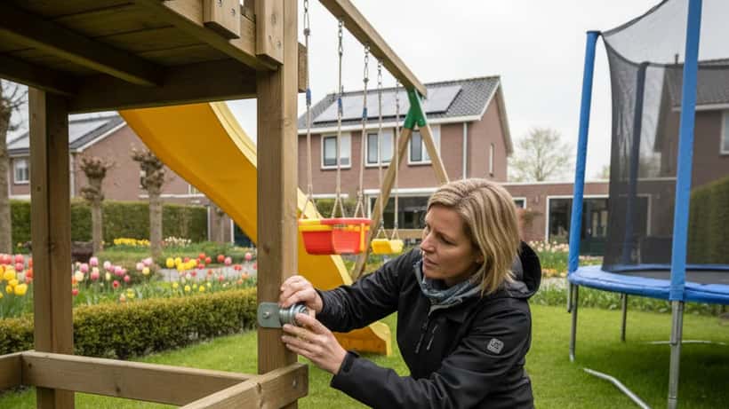 Nederlandse ouder die een houten klimrek in de achtertuin inspecteert op veiligheid