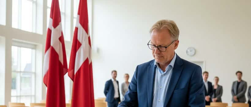 Mand afleverer forseglet brevstemme i stemmeurne på et lyst borgercenter med danske flag
