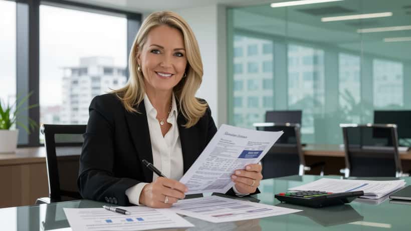 Australian woman reviewing financial planning documents with a Saturday Lotto ticket in a modern Sydney office