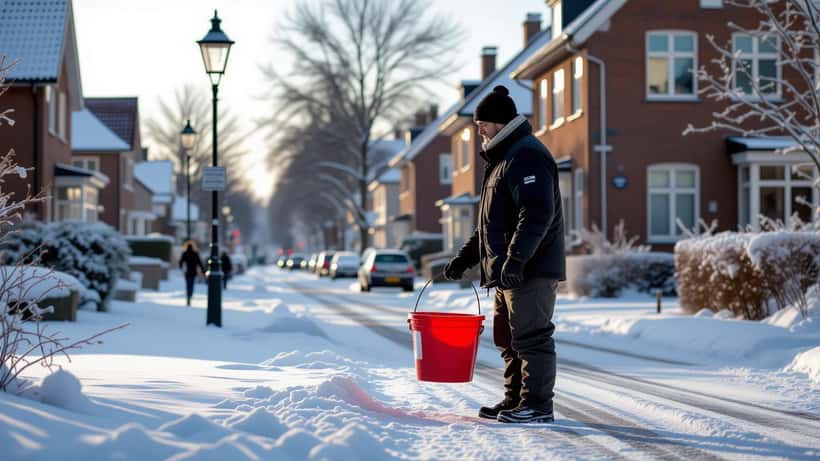 Dansk grundejer spreder vejsalt på isglat fortov foran rækkehus om morgenen