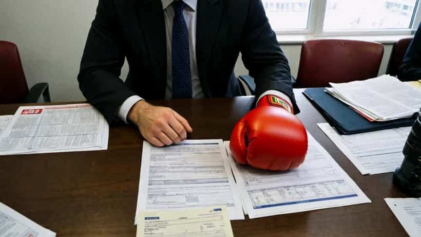 Sports solicitor reviewing boxing promotion contract with gloves on table in London law firm