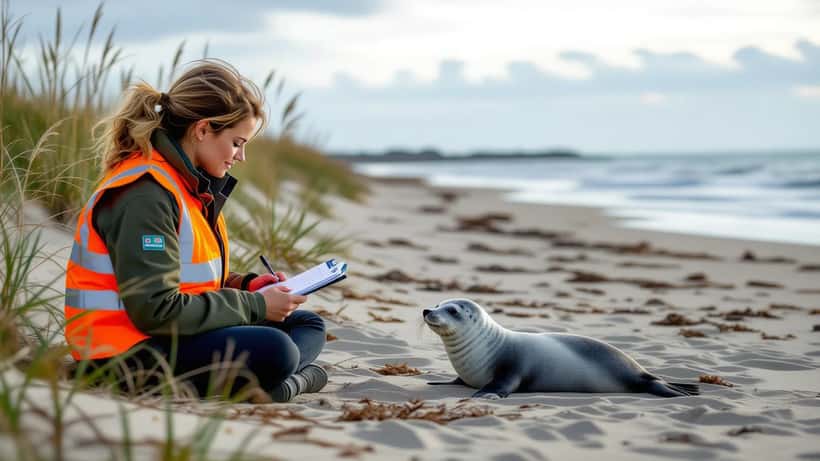 Zeehondenpup liggend op Waddenzee strand met wildlife medewerker in oranje vest