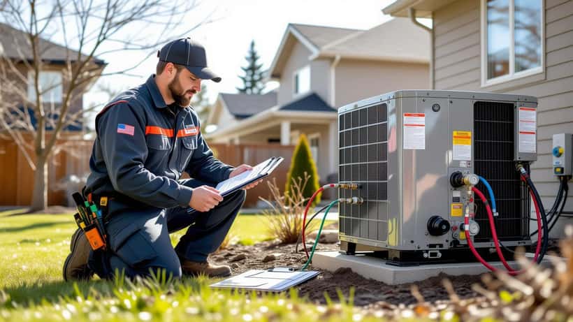 Technicien CVC inspectant une thermopompe extérieure avec manomètre frigorigène dans une banlieue canadienne