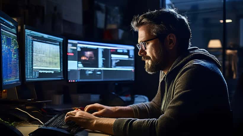 IT security consultant reviewing phishing warning on multiple monitors in a dark home office