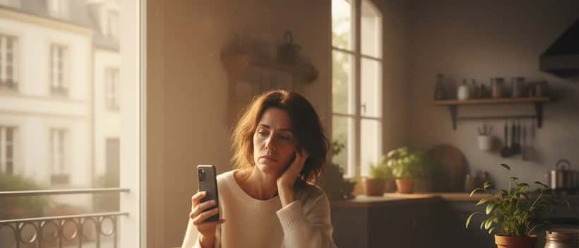 Femme fatiguée qui consulte l'heure sur son téléphone au petit matin après le changement d'heure