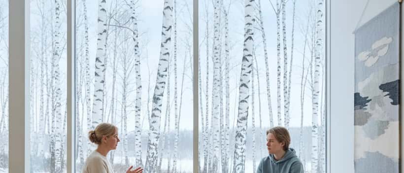 Suomalainen terapeutti ja asiakas modernissa terapiahuoneessa, koivumetsä ikkunasta