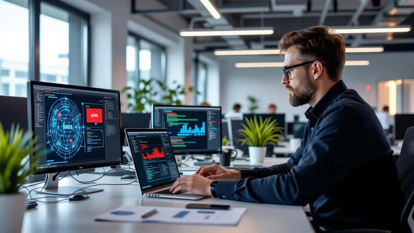 IT-Sicherheitsberater prüft in einem Berliner Büro die DeepSeek-App auf DSGVO-Konformität