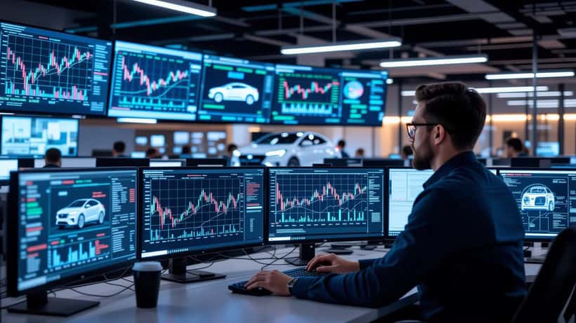 Technology professional analyzing Tesla stock charts and autonomous vehicle data on multiple monitors