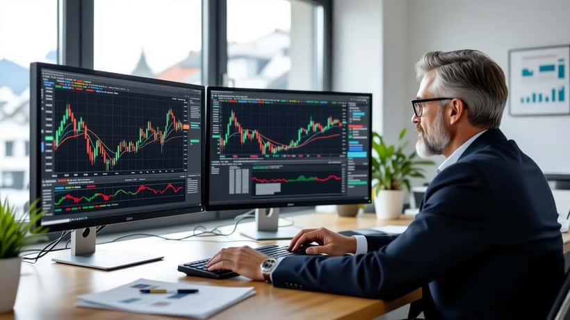 Investisseur suisse analysant des graphiques boursiers américains et le taux USD/CHF avant les midterms 2026
