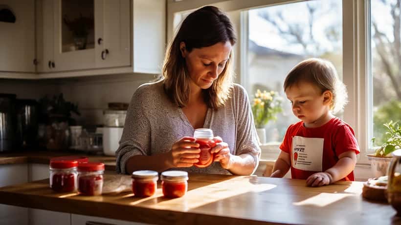 Australian mother examining a HiPP baby food jar in her kitchen checking for tampering signs