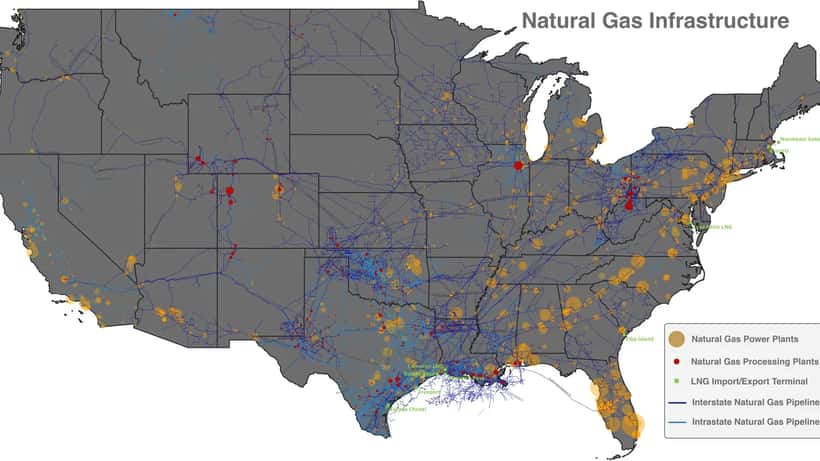 Mapa de infraestructura de gas natural en Estados Unidos mostrando redes de distribución