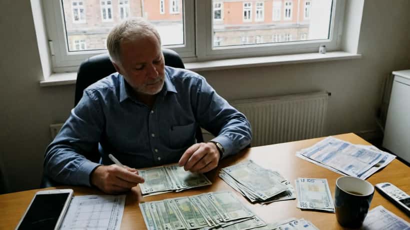 Dansk mand gennemgår Eurojackpot-gevinst og finansielle dokumenter i hjemmekontor