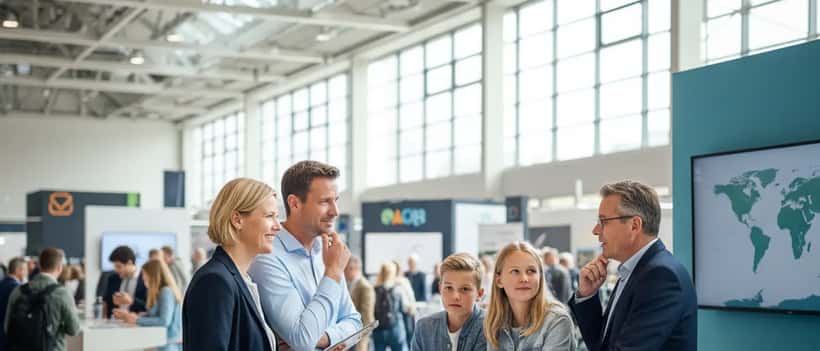 Nederlands gezin dat praat met een adviseur op een emigratiebeurs in Utrecht