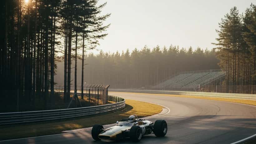 Klassinen 1960-luvun Formula 1 -auto Hockenheimringin radalla, kultainen ja vihreä Lotus-väritys, dramaattinen valo