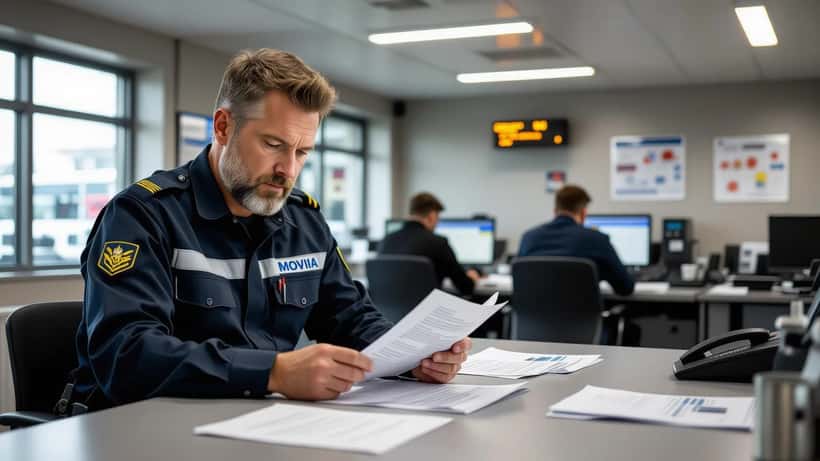 Buschauffør gennemgår arbejdsskadesag med dokumenter ved skrivebord i busdepot, Aarhus 2026