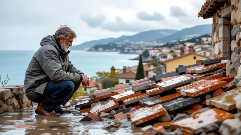 Expert en rénovation inspectant une villa méditerranéenne avec terrasse inondée et tuiles déplacées après un medicane en octobre 2026