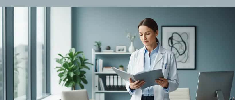British doctor reviewing patient notes in a clinic with natural light