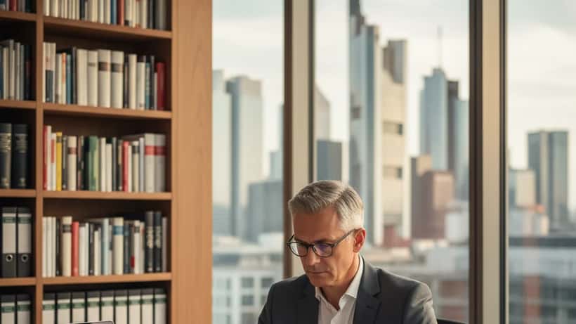 Deutscher Vermögensberater prüft Steuerunterlagen in modernem Frankfurter Büro