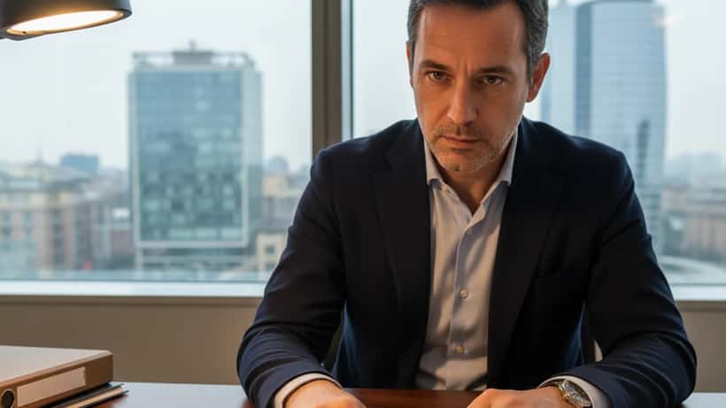 Consulente fiscale italiano esamina documenti IMU su scrivania di ufficio milanese