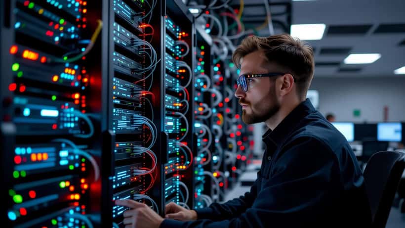 Cybersecurity analyst monitoring red intrusion alerts in a server room