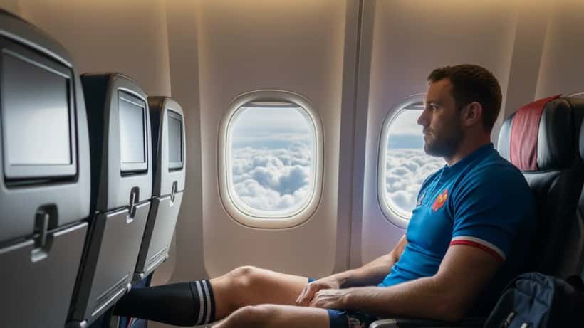 Joueur de rugby français en avion long-courrier avec chaussettes de compression, vol vers la Nouvelle-Zélande