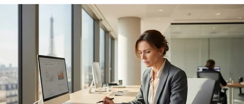 Femme journaliste professionnelle examinant son contrat de travail dans un bureau parisien moderne