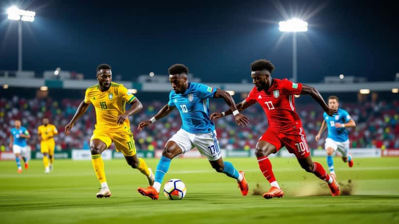 Jugadores de Curaçao y Côte d'Ivoire compiten en un estadio iluminado durante el partido de preparación 2026