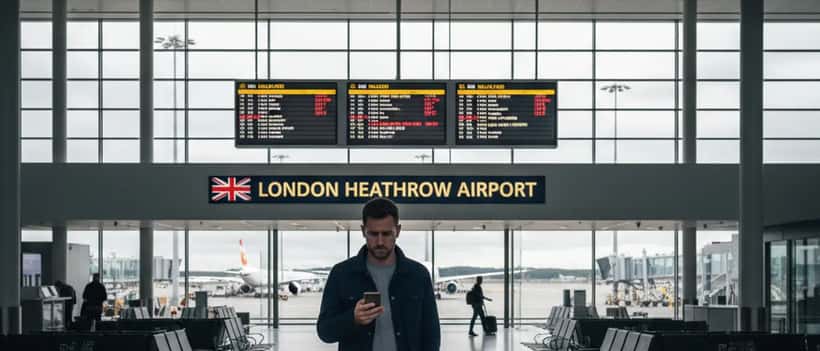 British traveller checking flight delay information on smartphone at UK airport departure gate