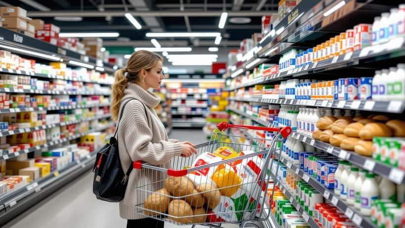 Asiakas K-Supermarketin hyllykäytävällä tarkastelemassa hintoja Suomessa