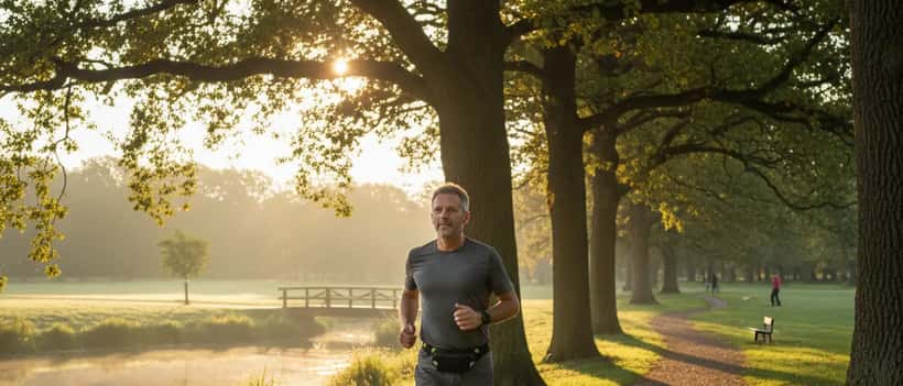 Älterer Mann beim Morgenlaufen im Park, sportliche Kleidung, gesundes Altern