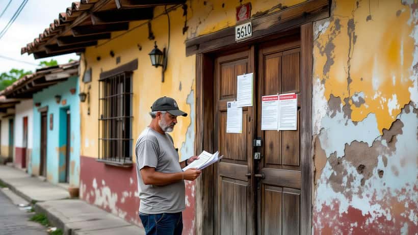 Government seizure notice on a colonial house door as a Canadian owner reviews property documents in Nicaragua